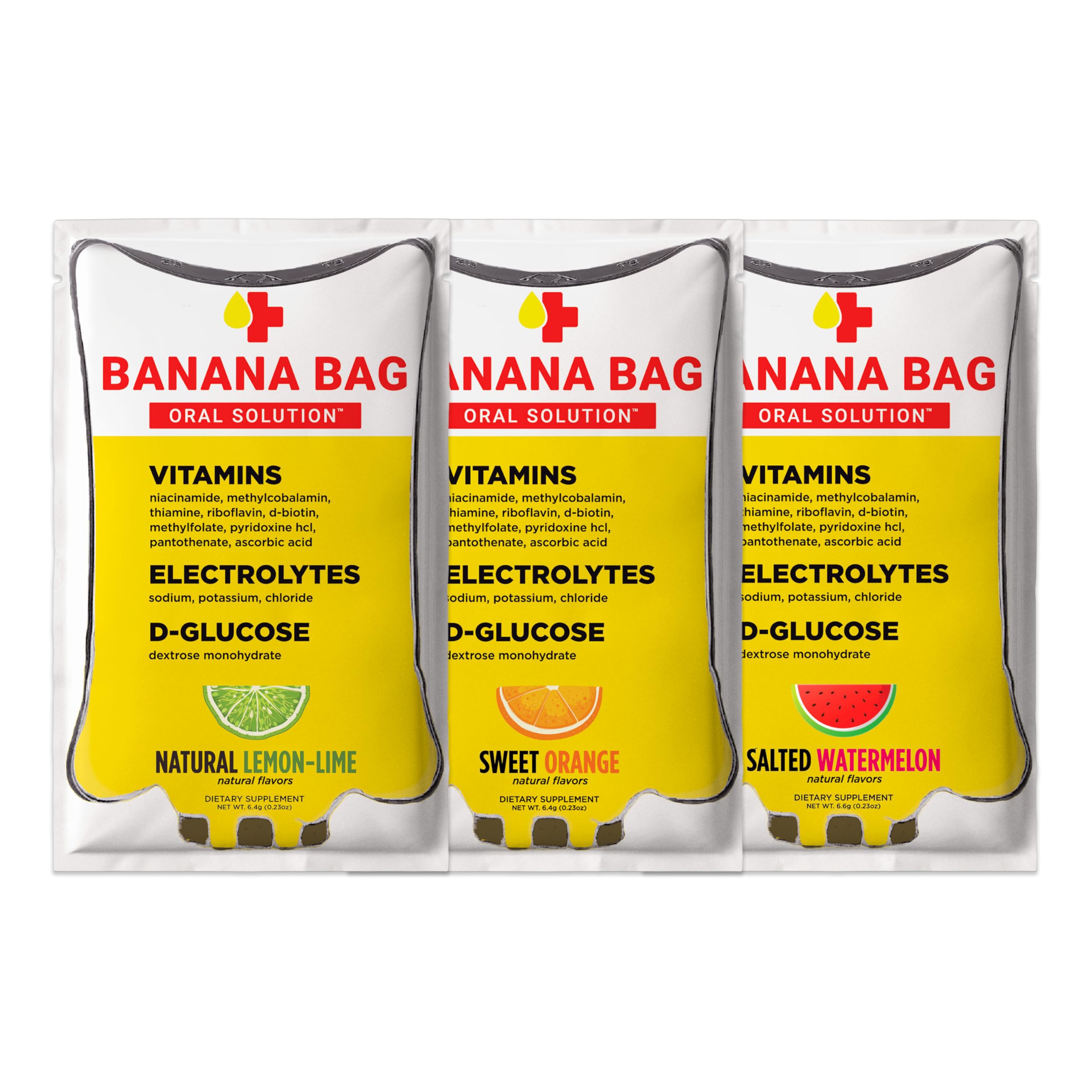 Banana Bag hydration packets front label for quick rehydration on the go