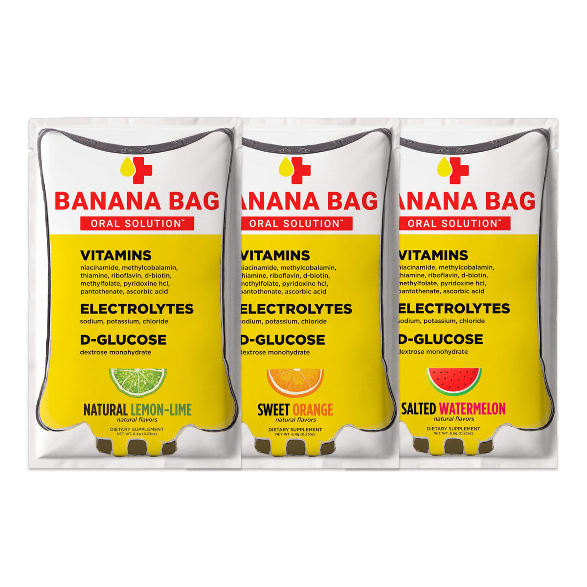 Banana Bag hydration packets front label for quick rehydration on the go