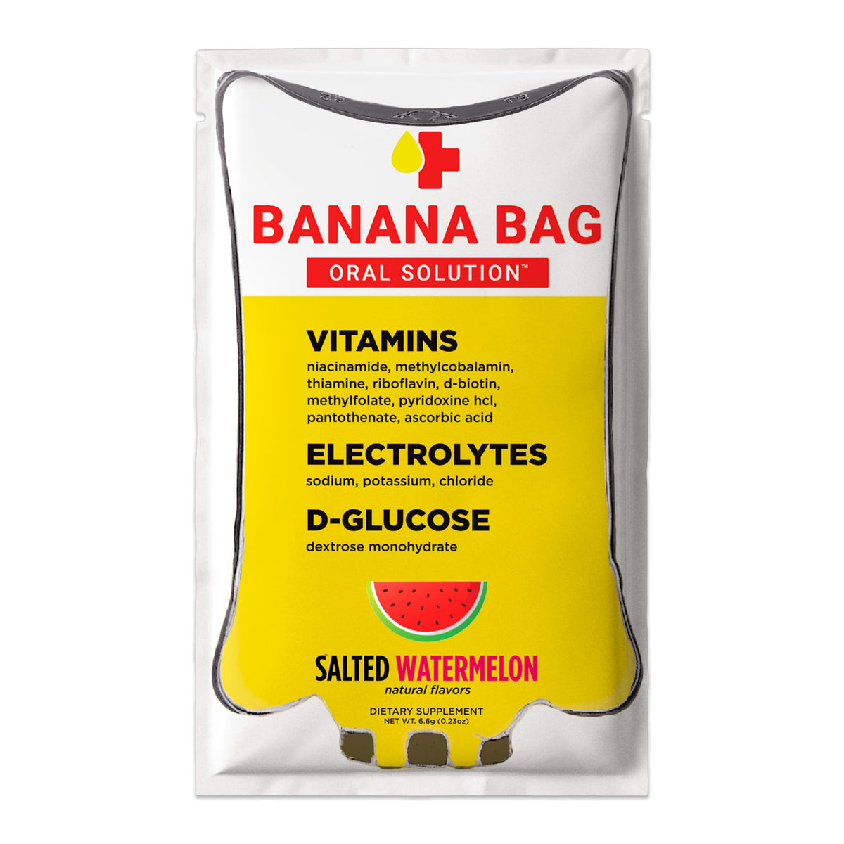 Banana Bag Salted Watermelon packets front packaging for quick hydration after workouts.