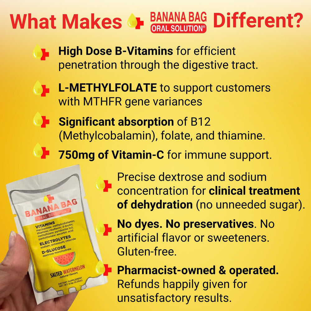 Banana Bag easy-dissolve packet demonstrating simple preparation.