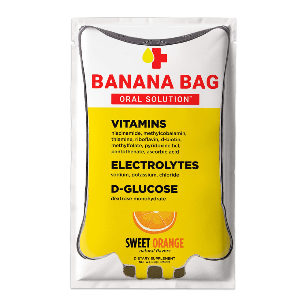 Banana Bag Oral Solution sweet orange packets ready to mix after workouts for quick hydration.