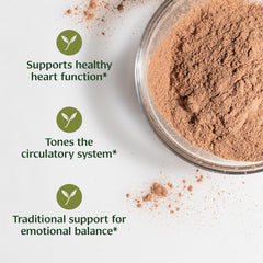 Close-up of Banyan Botanicals Arjuna Bark Powder reveals the dried bark used for gentle heart tonic.