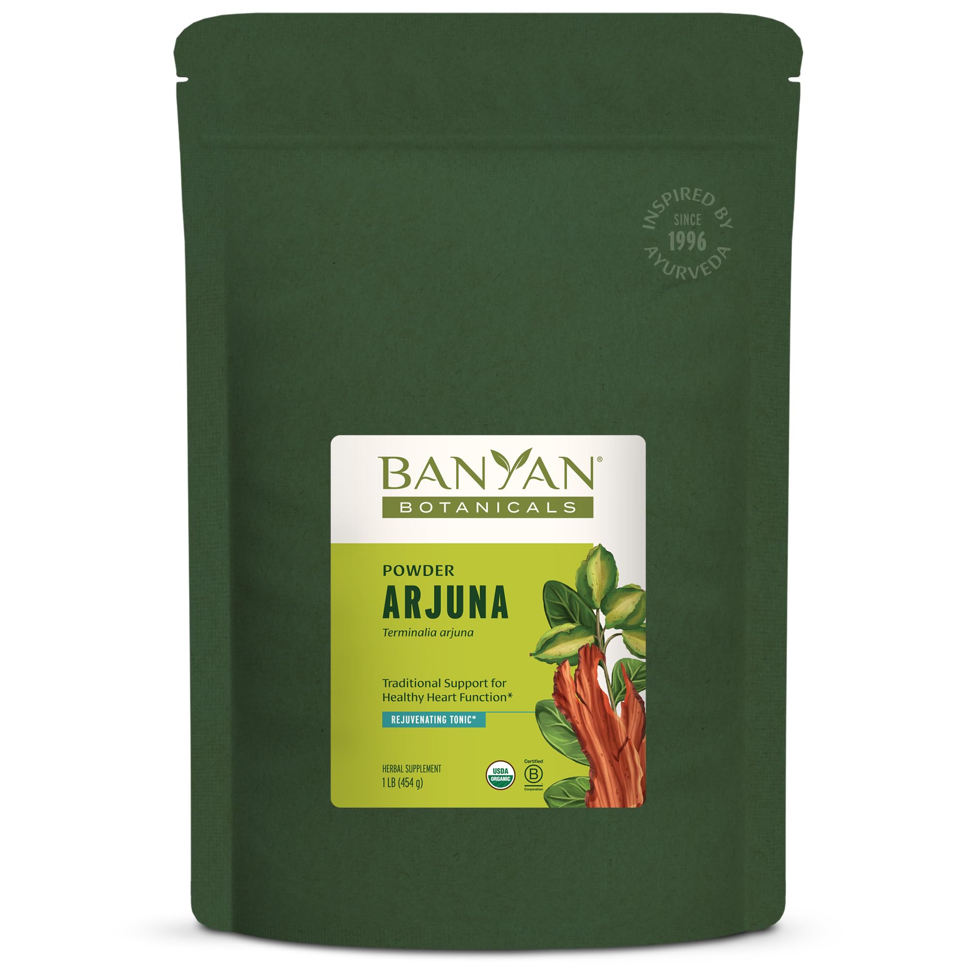 Banyan Botanicals Arjuna Bark Powder jar label shows organic, non-GMO heart support.