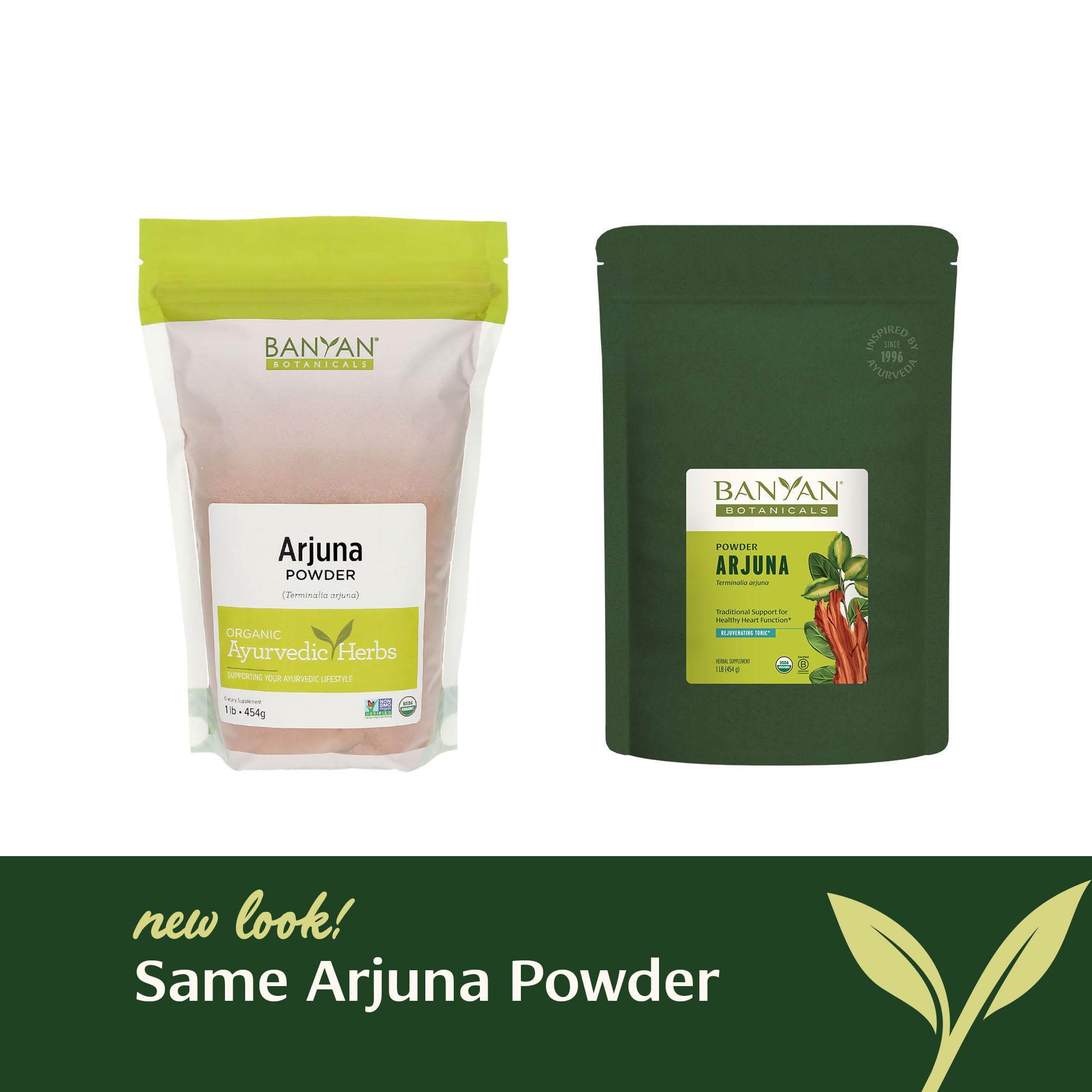 Sustainable packaging with organic Banyan Botanicals Arjuna Bark Powder emphasizes ethical sourcing.