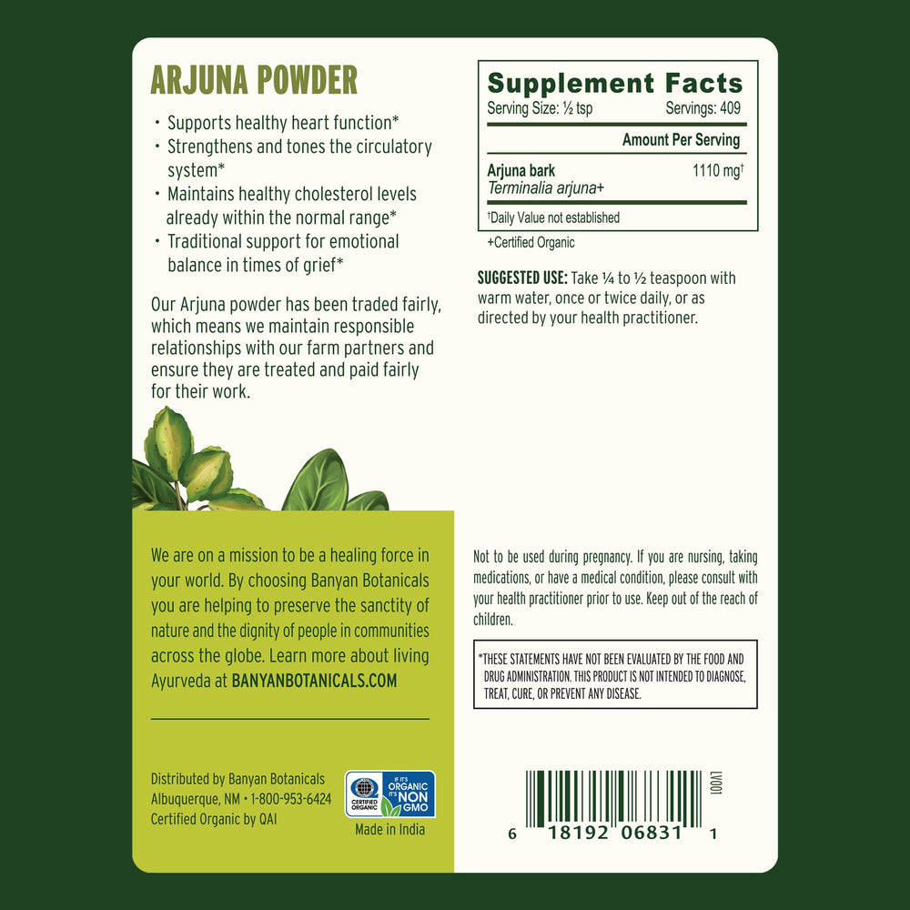 Banyan Botanicals Arjuna Bark Powder in a scoop for easy daily use.