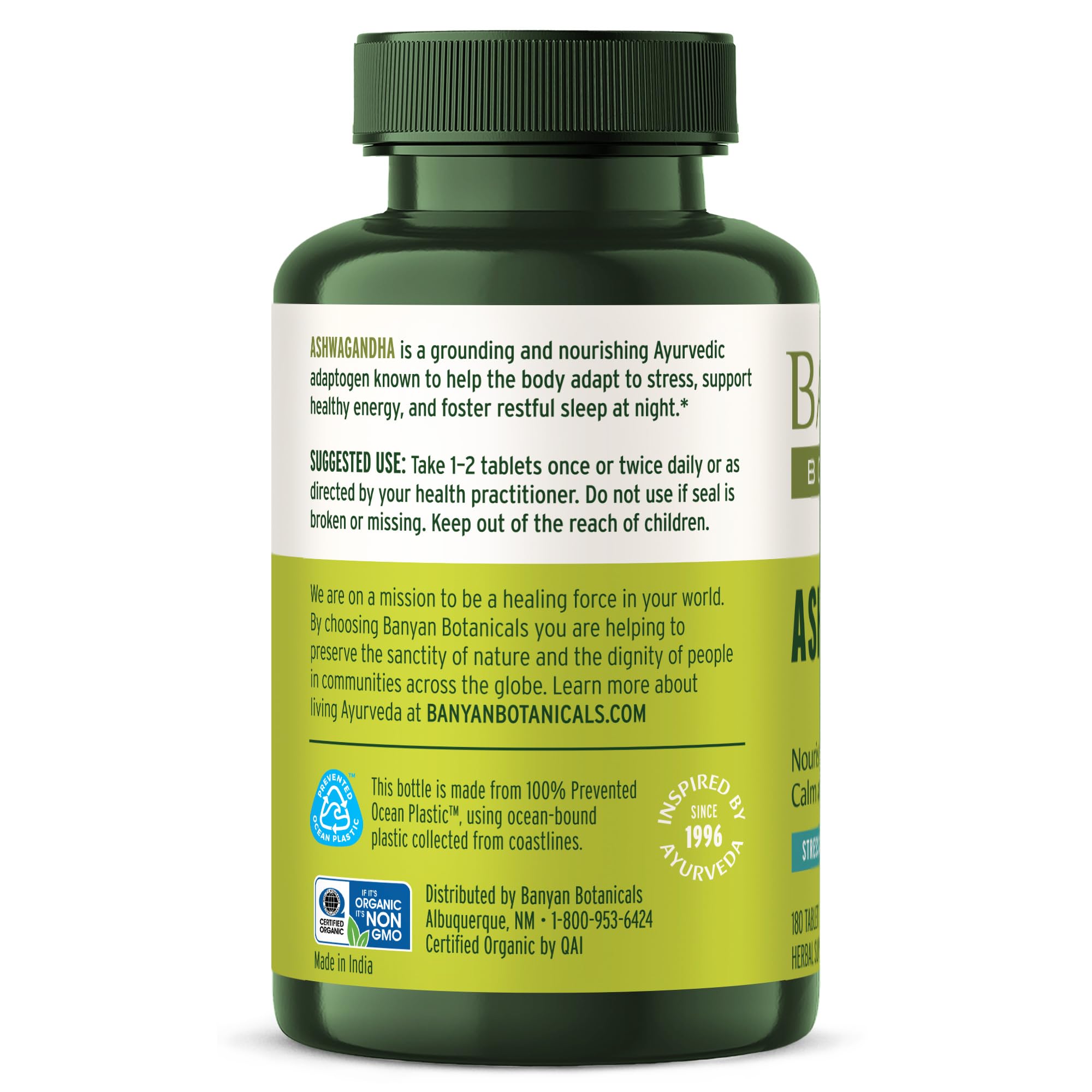 Banyan Botanicals Ashwagandha bottle macro shot shows 1000 mg.