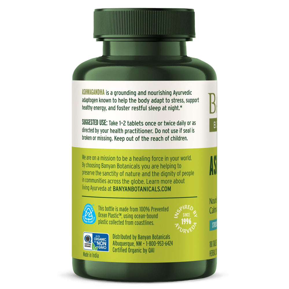 Banyan Botanicals Ashwagandha bottle macro shot shows 1000 mg.