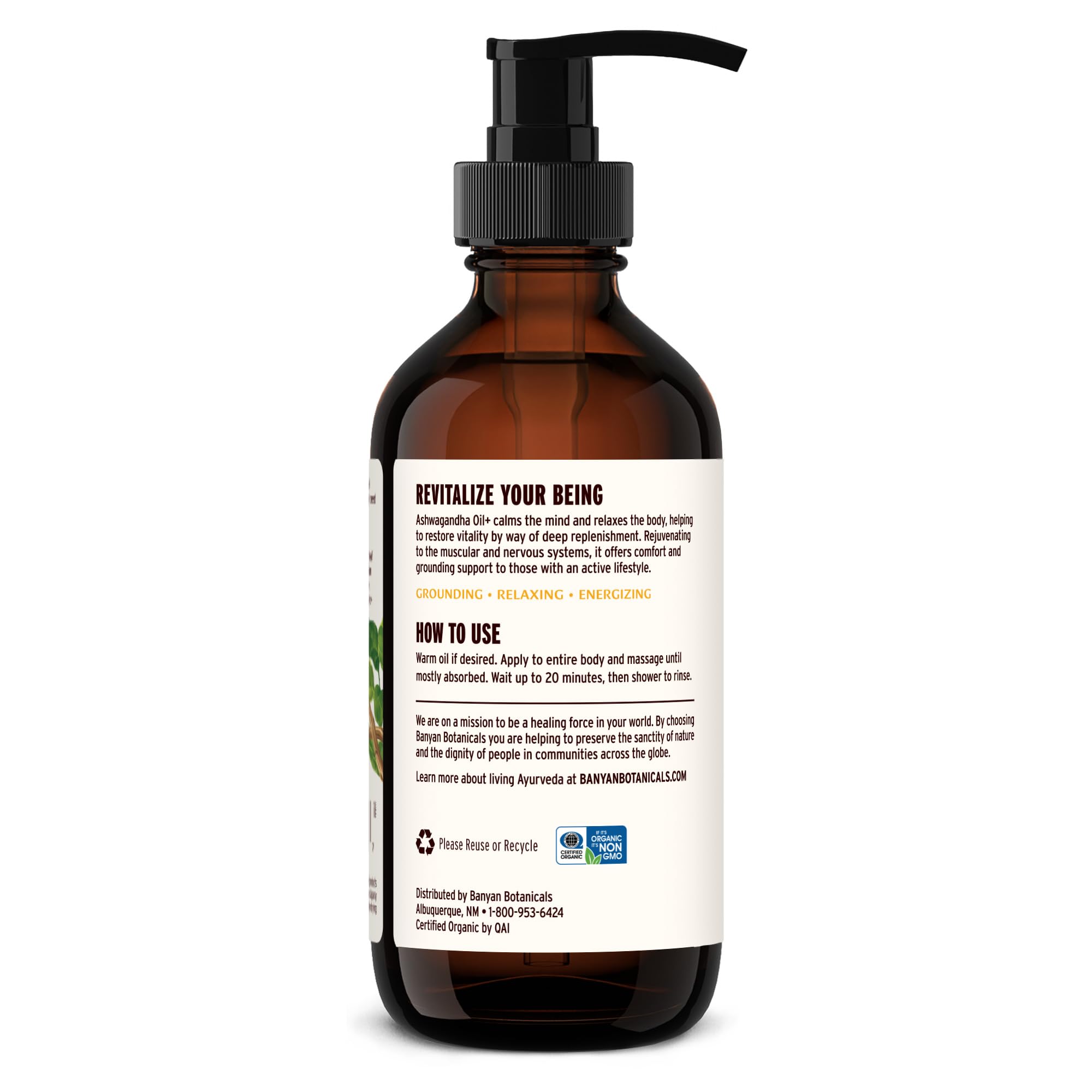 Sustainability label on Banyan Botanicals Ashwagandha Oil+ packaging