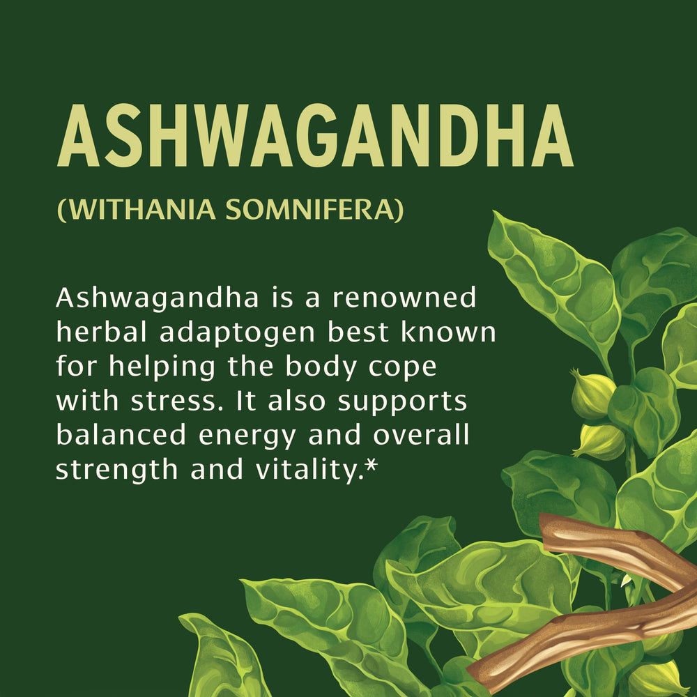 Banyan Botanicals Ashwagandha packaging highlights fair trade certification.