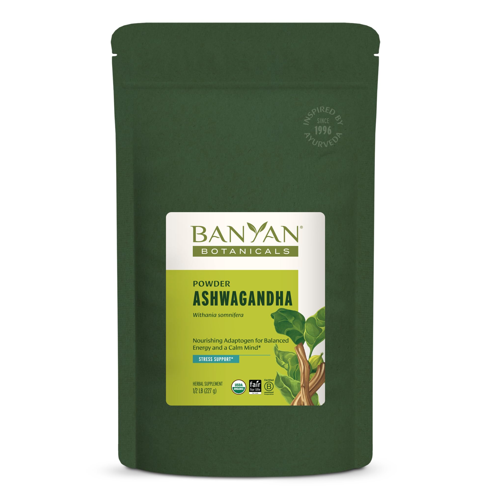 Banyan Botanicals Ashwagandha powder bottle on shelf, traditional adaptogen for daily balance.