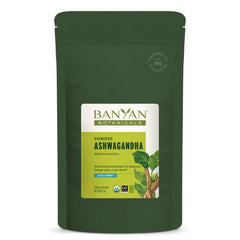 Banyan Botanicals Ashwagandha powder bottle on shelf, traditional adaptogen for daily balance.