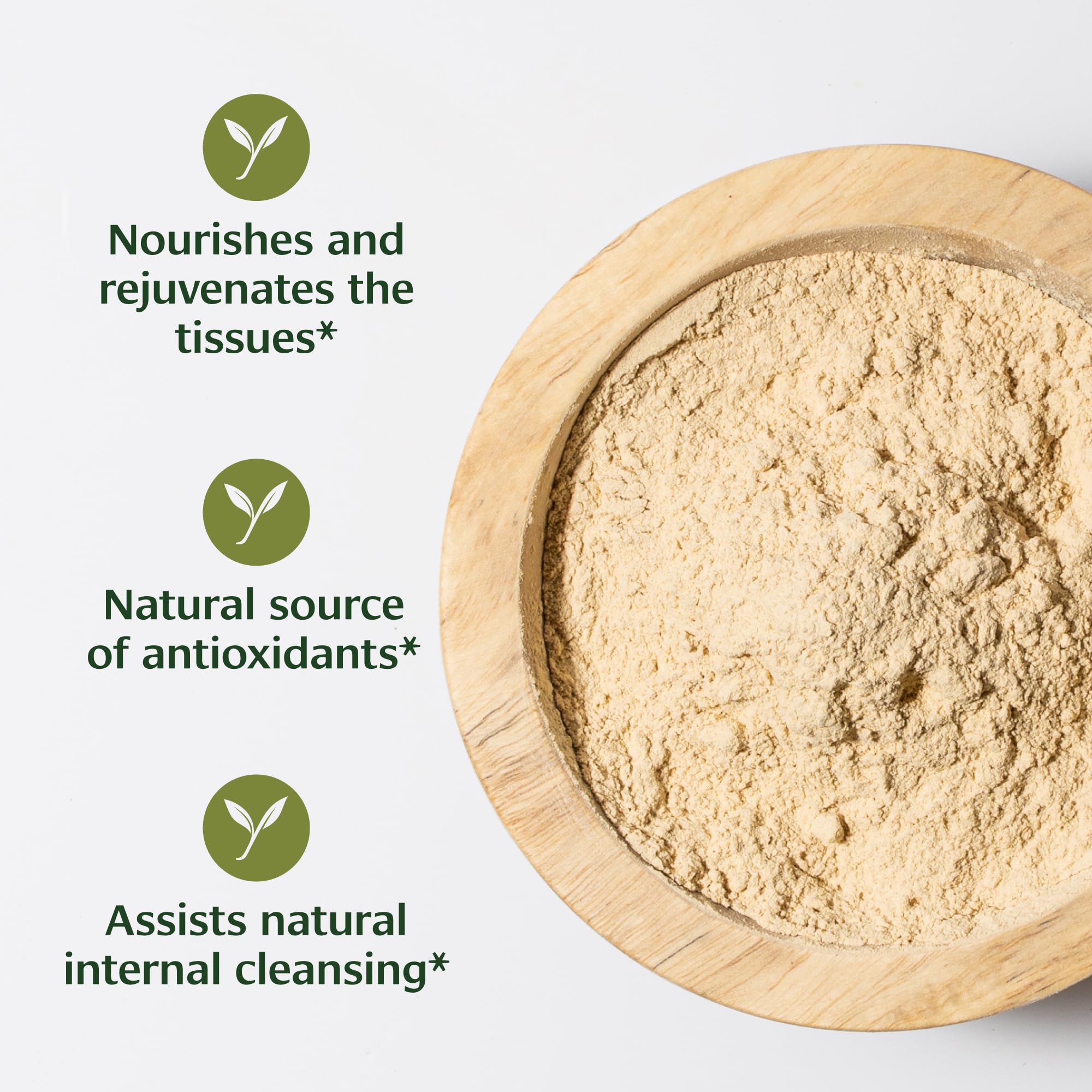 Banyan Botanicals Ashwagandha powder close-up showing organic root and earthy aroma.