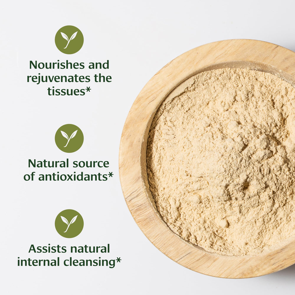 Banyan Botanicals Ashwagandha powder close-up showing organic root and earthy aroma.