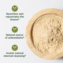 Banyan Botanicals Ashwagandha powder close-up showing organic root and earthy aroma.