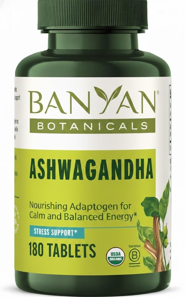 Banyan Botanicals Ashwagandha tablets bottle close-up for stress support.