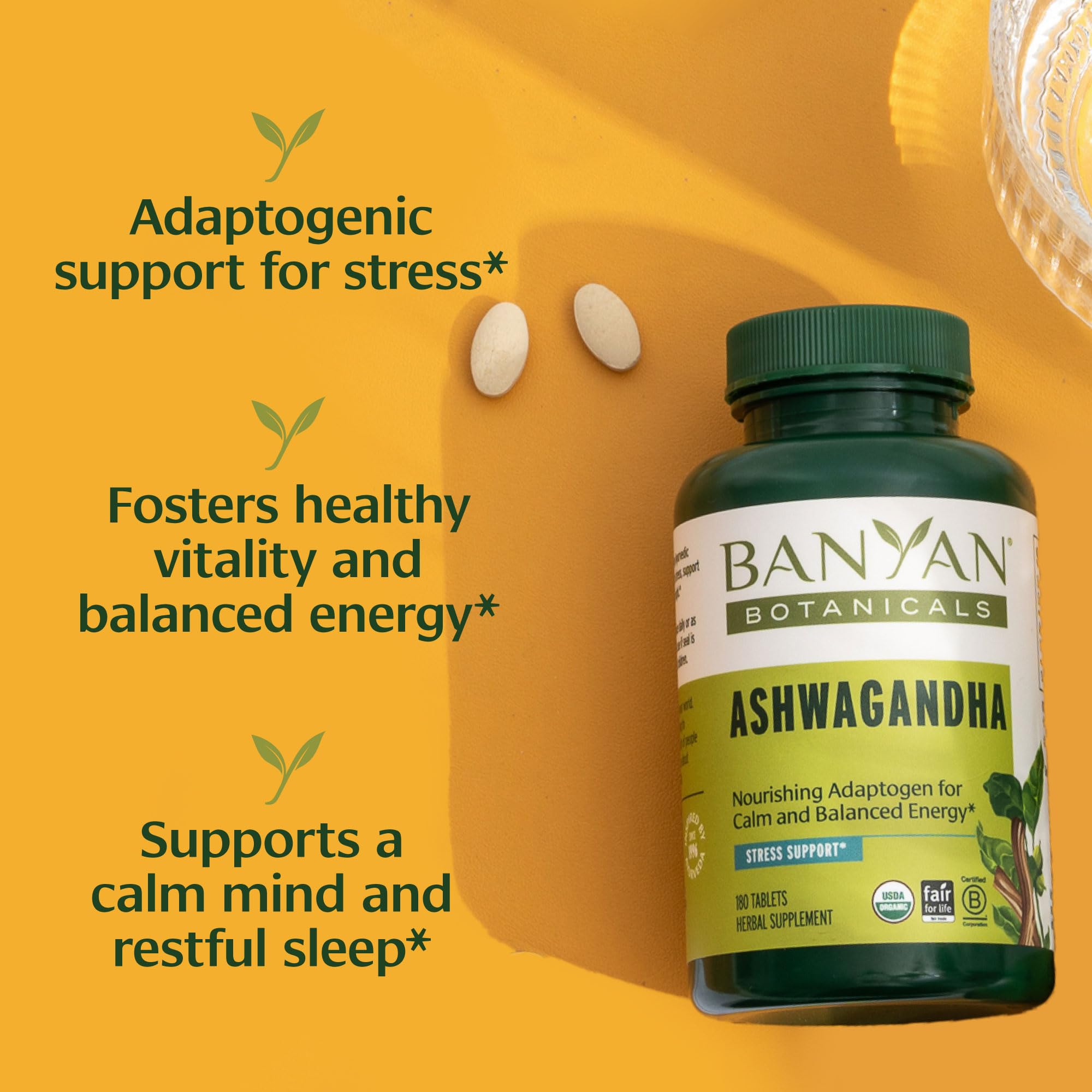 Banyan Botanicals Ashwagandha label close-up showing organic, non-GMO quality.