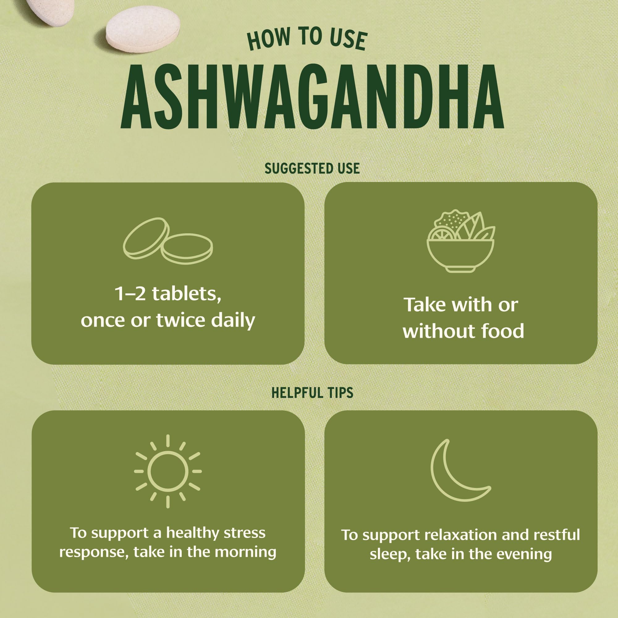 Banyan Botanicals Ashwagandha tablets pouring view for easy dosing.