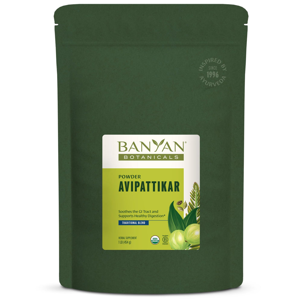 Banyan Botanicals Avipattikar powder in a jar supporting balanced digestion after meals.