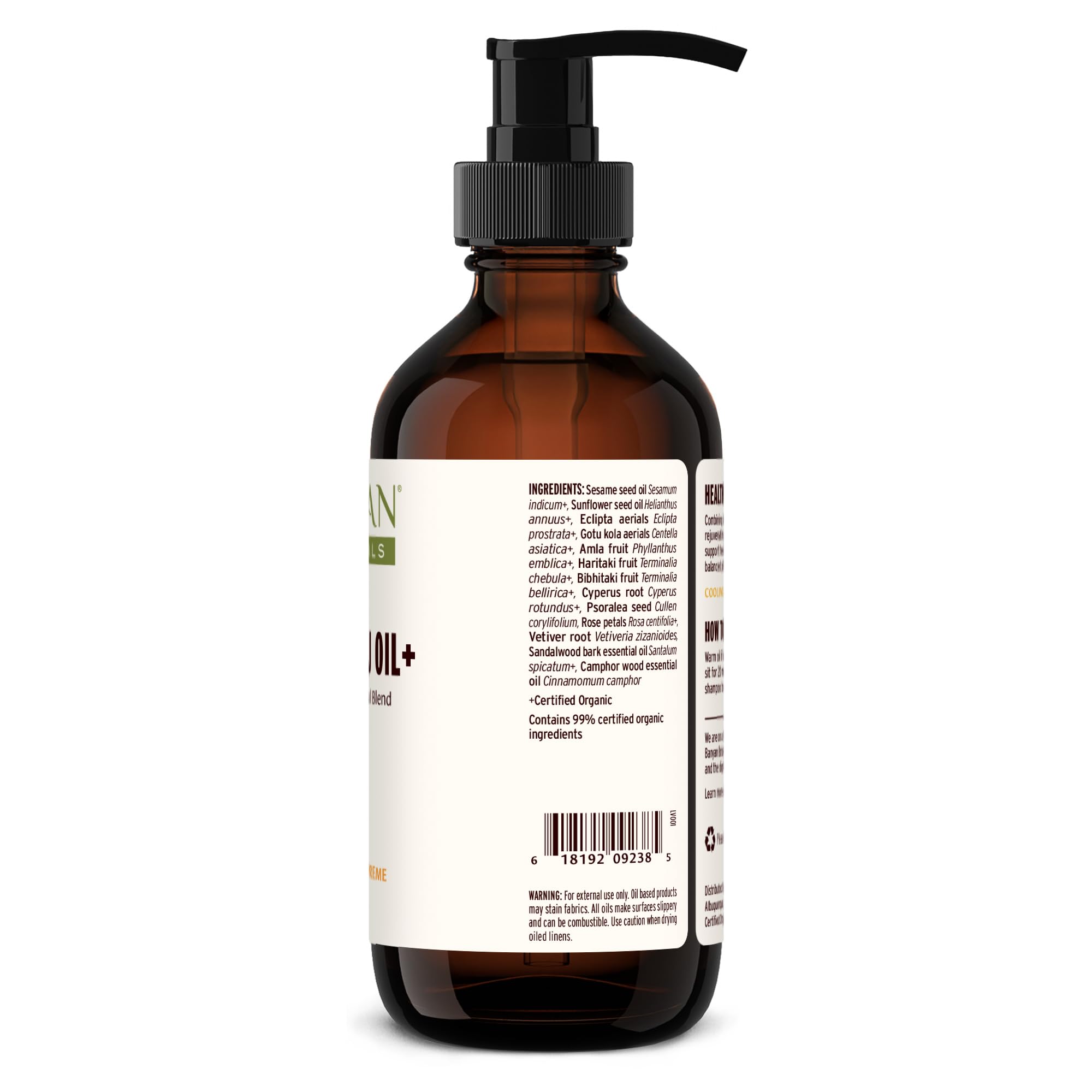 Banyan Botanicals Bhringaraj Oil+ key herbs illustration highlights bhringaraj and gotu kola