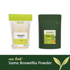 Close-up texture of Banyan Botanicals Boswellia powder showing fine resin dust for blending.
