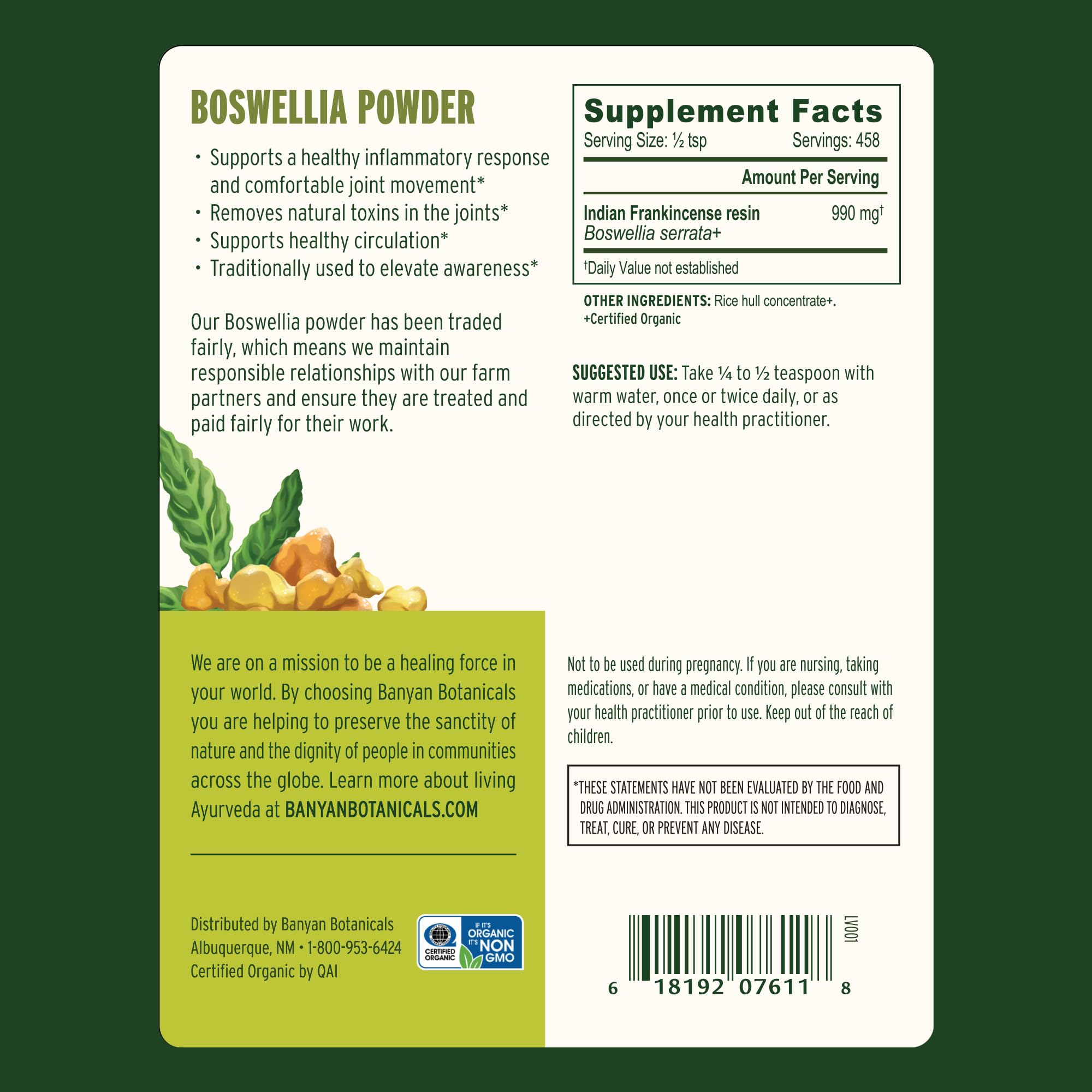 Boswellia powder with scoop ready to mix into tea or smoothies by Banyan Botanicals.