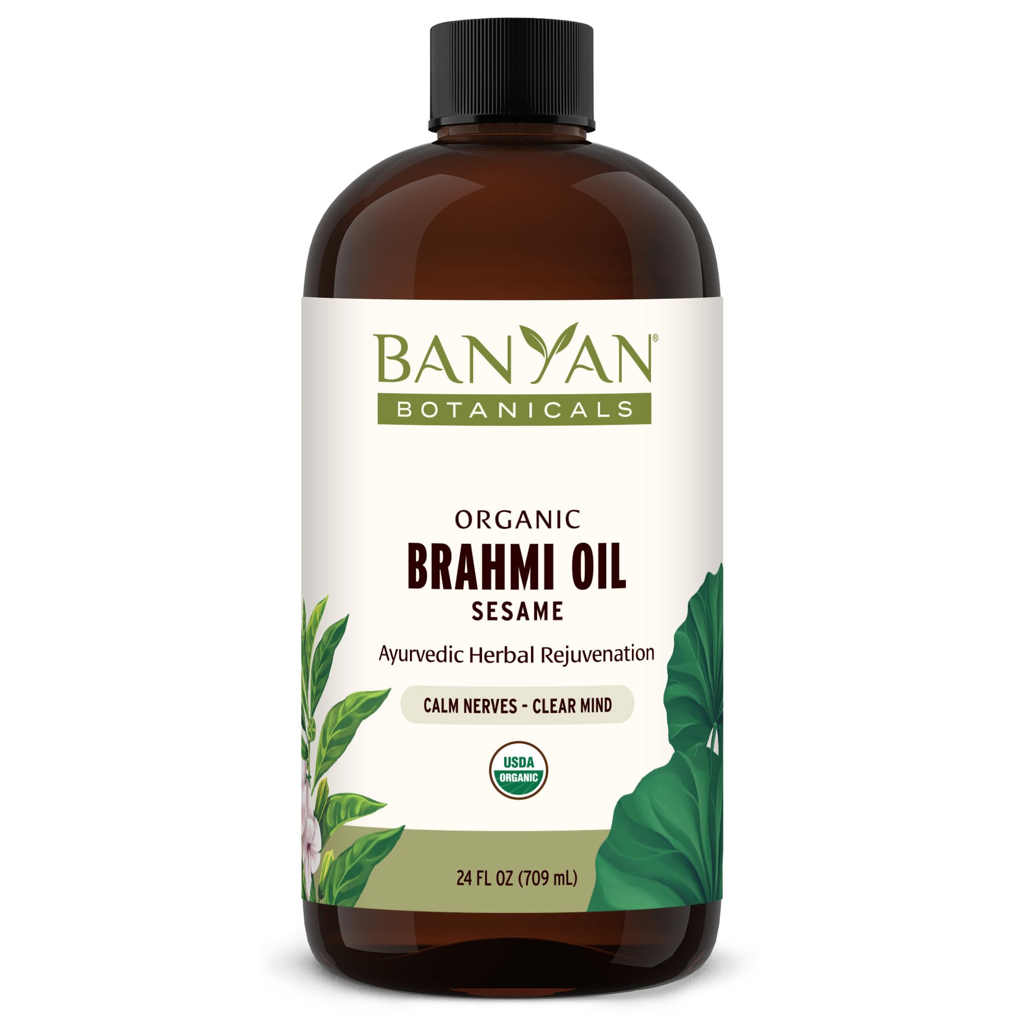 Banyan Botanicals Brahmi Oil bottle with sesame base for calming full-body massage.
