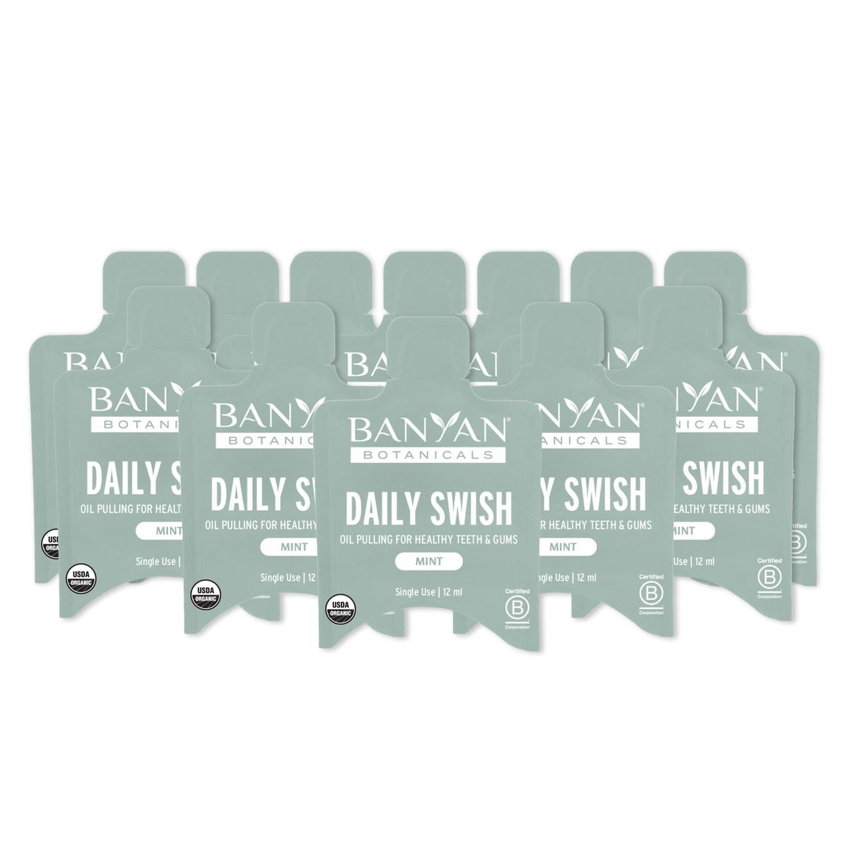 Banyan Botanicals Daily Swish mint travel packets packaging for on-the-go oil pulling