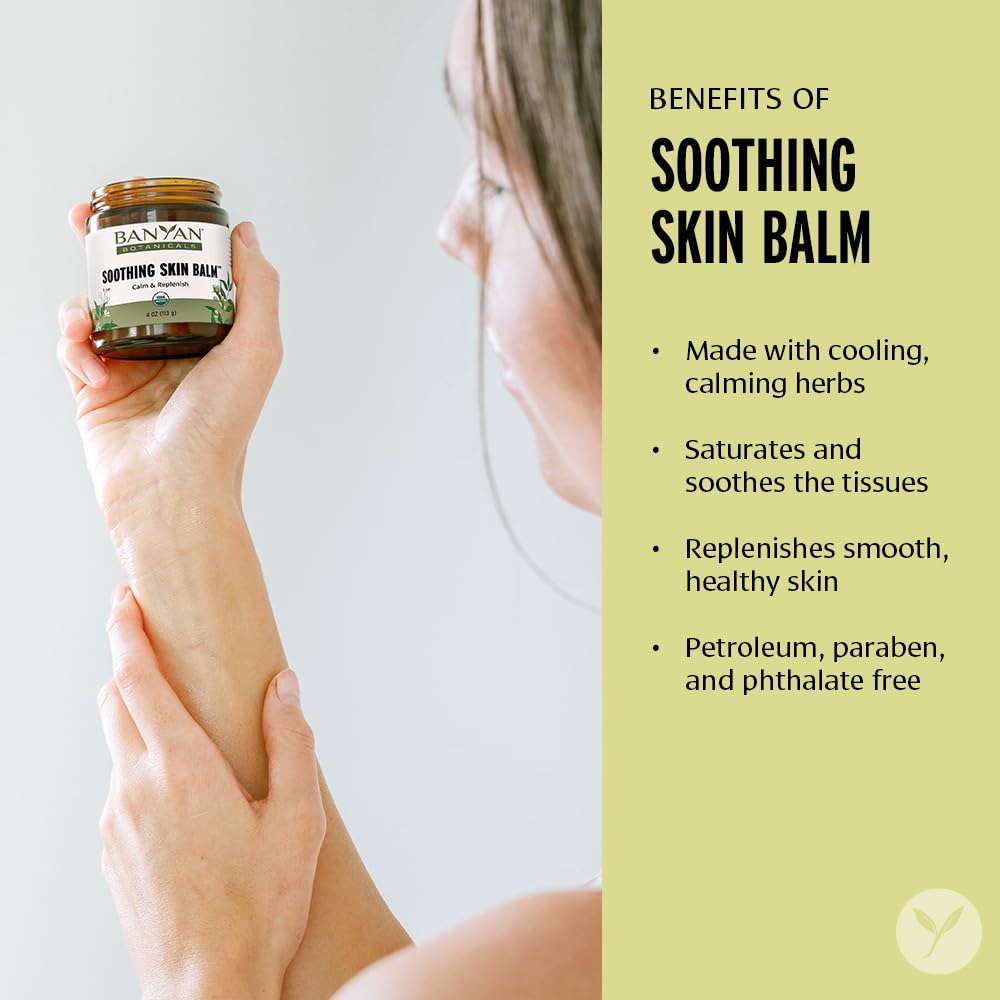 Banyan Botanicals Soothing Balm demonstrates use on dry, sensitive skin.