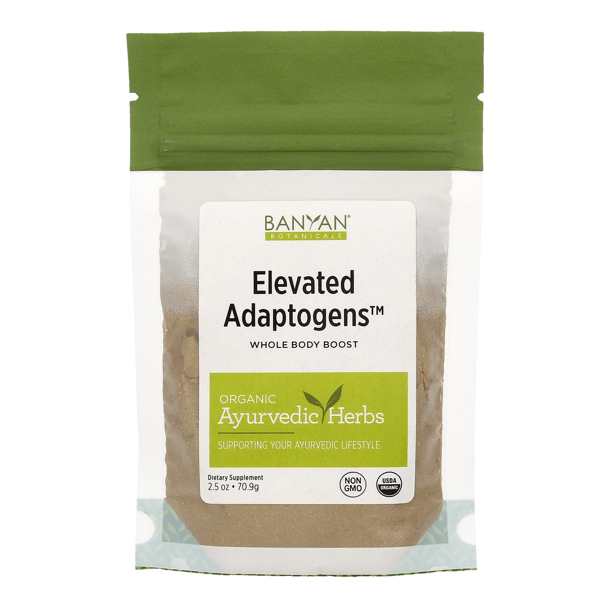 Banyan Botanicals Elevated Adaptogens powder bottle, organic mix for balanced energy without caffeine.