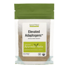 Banyan Botanicals Elevated Adaptogens powder bottle, organic mix for balanced energy without caffeine.