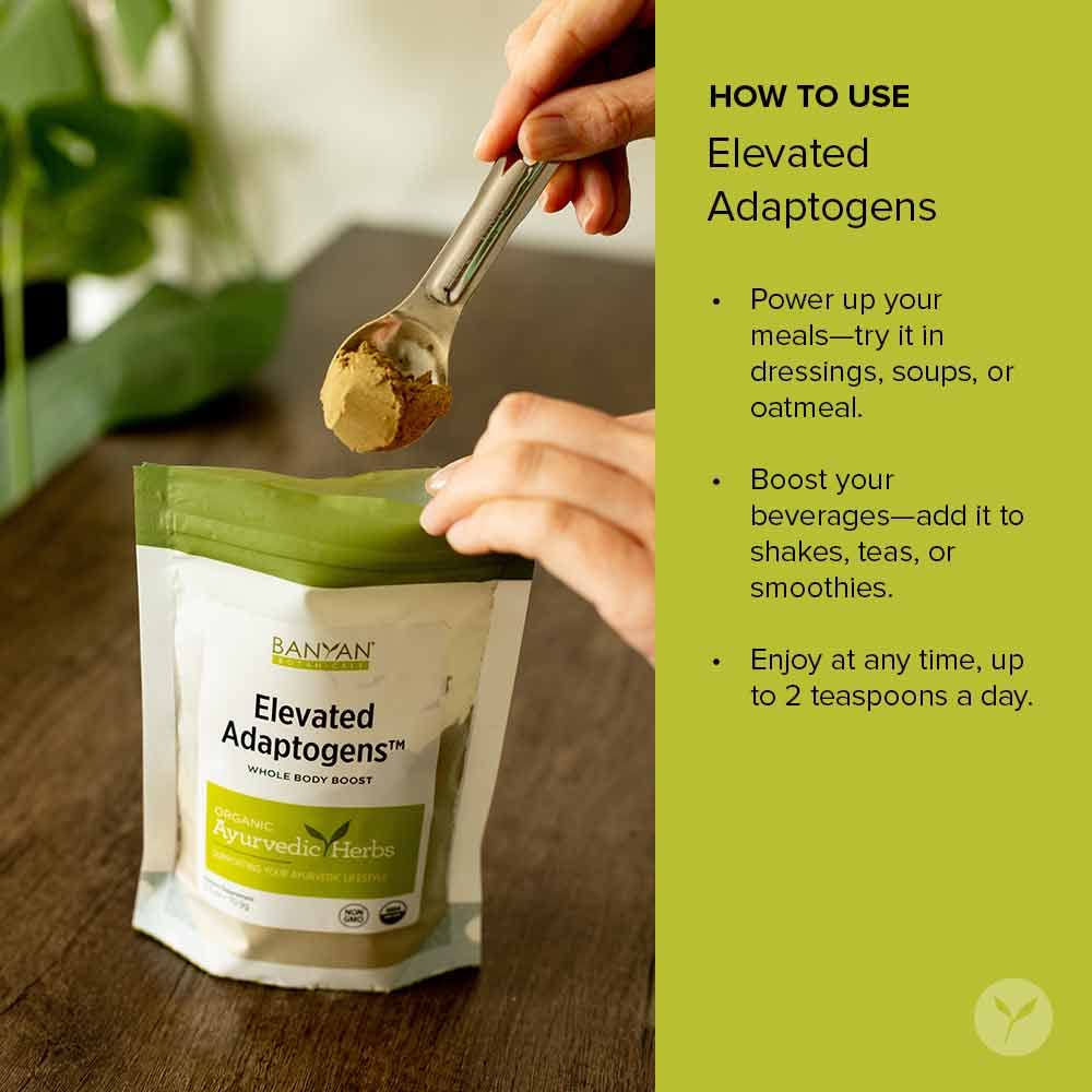 Banyan Botanicals Elevated Adaptogens powder with spoon, perfect for a quick energy-balanced shake.