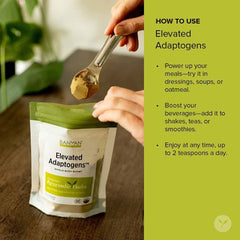 Banyan Botanicals Elevated Adaptogens powder with spoon, perfect for a quick energy-balanced shake.