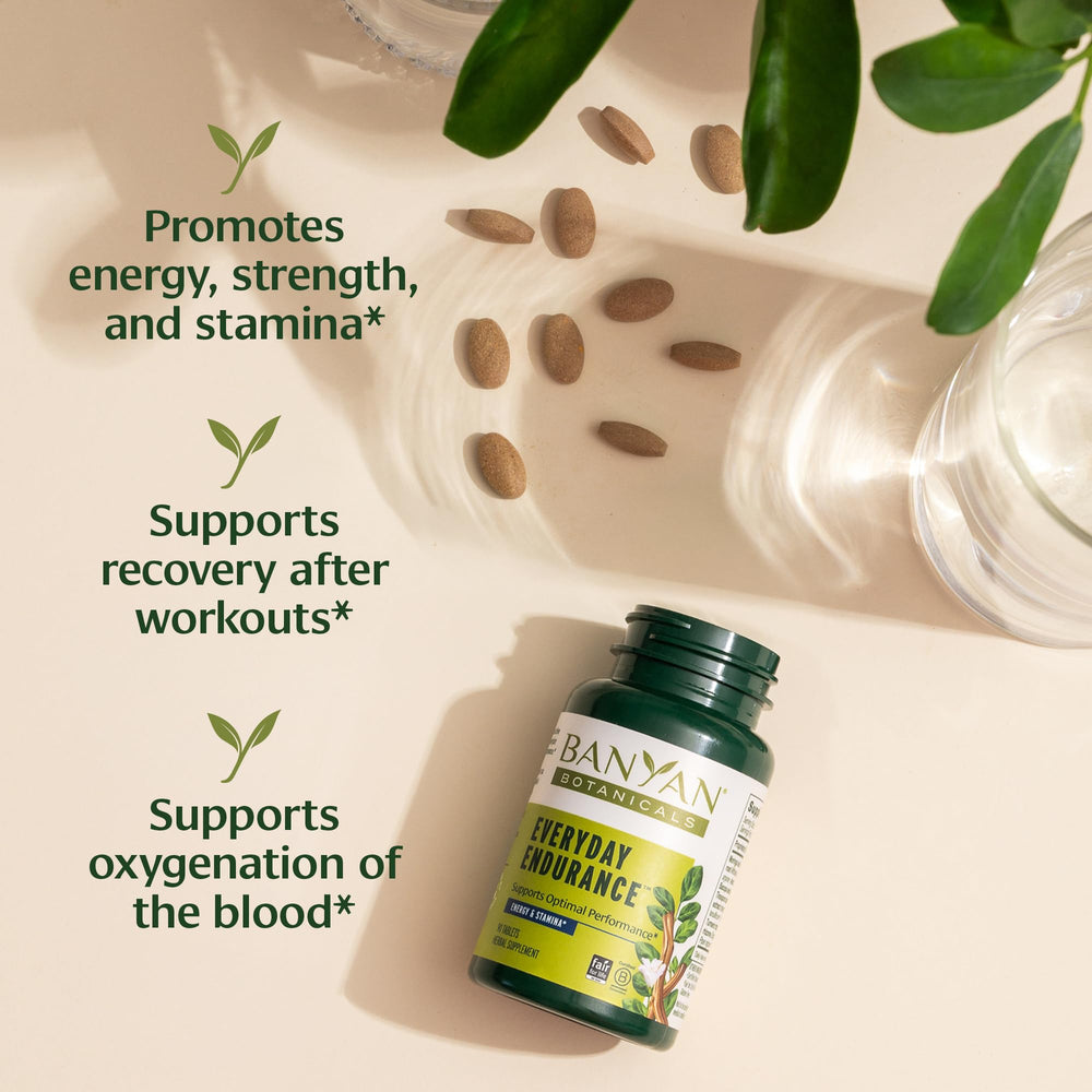 Everyday Endurance tablets on label emphasizing Ayurvedic adaptogens