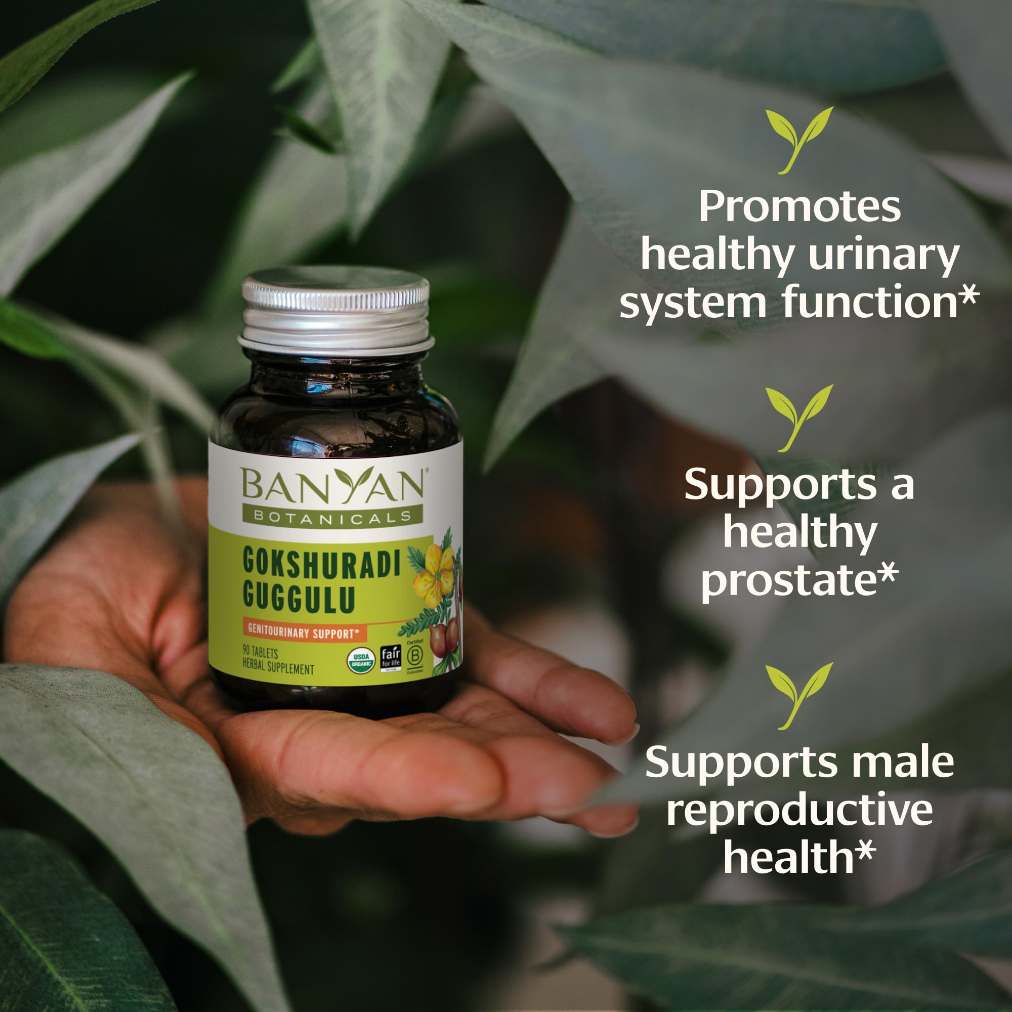 Banyan Botanicals Gokshuradi Guggulu bottle label close-up for urinary support.