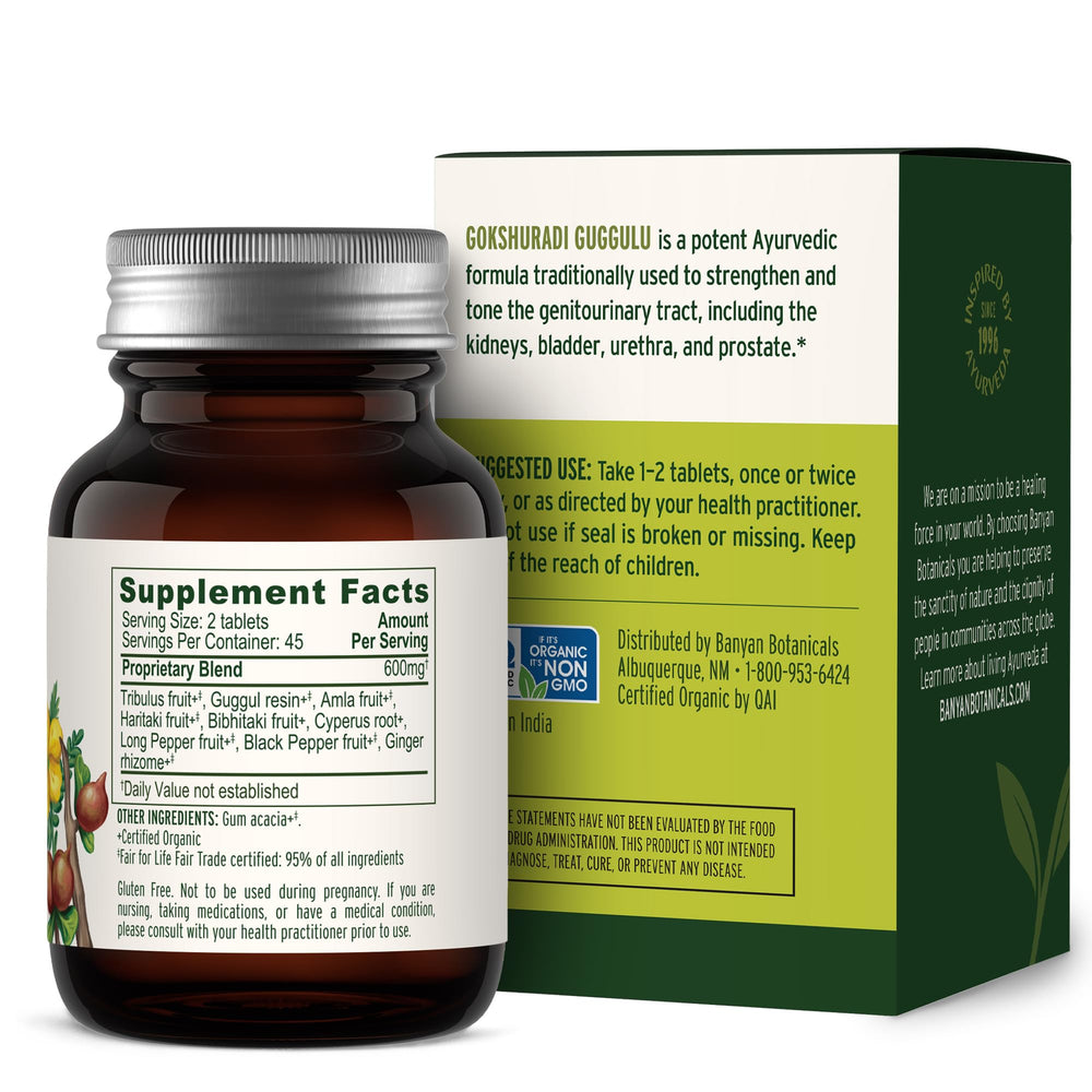 Banyan Botanicals Gokshuradi Guggulu in a morning routine setup for daily wellness.