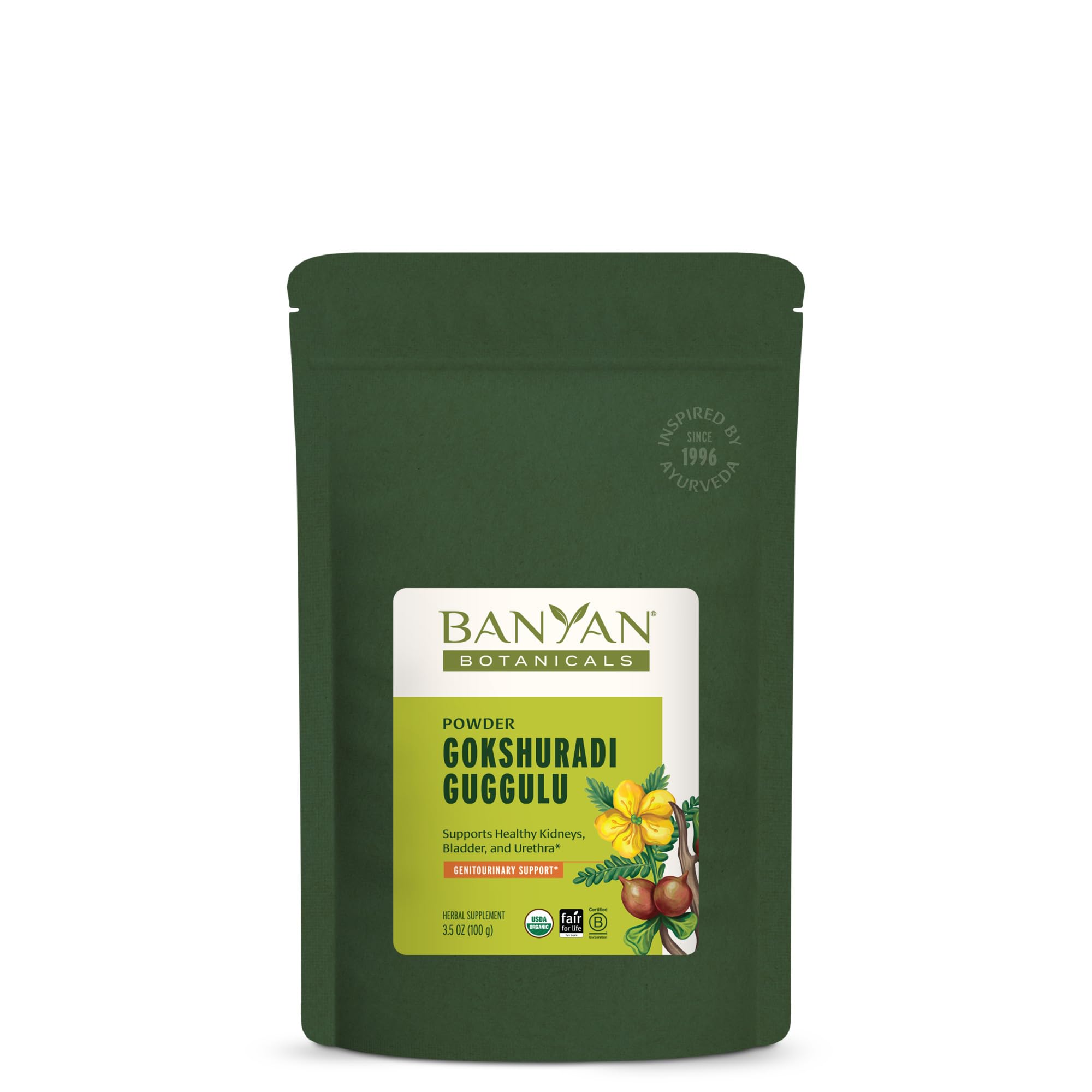 Banyan Botanicals Gokshuradi Guggulu powder bottle close-up for urinary tract support