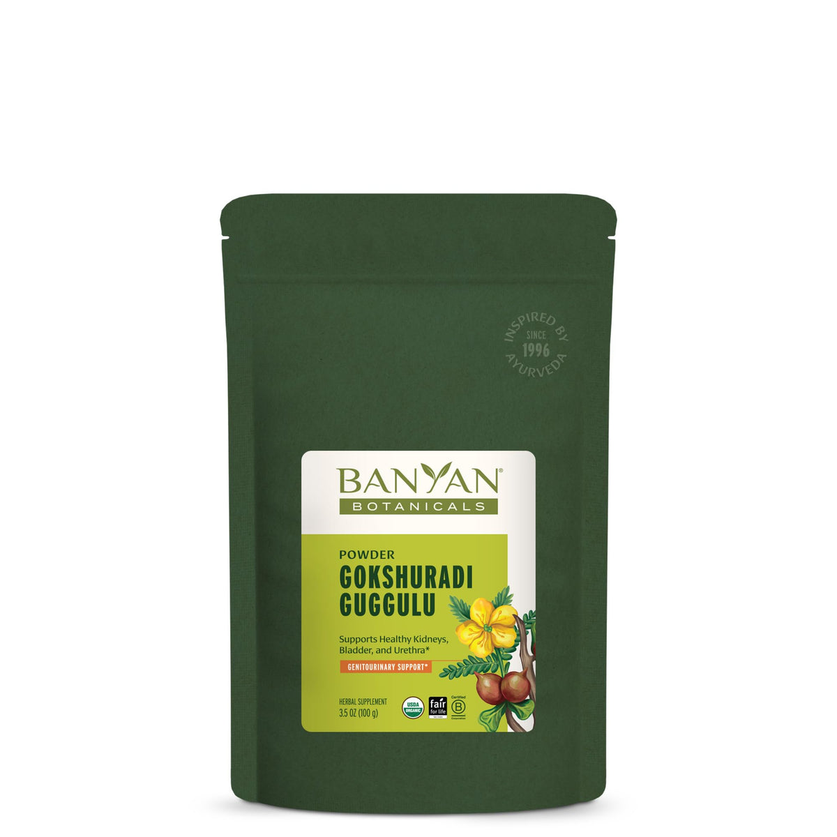 Banyan Botanicals Gokshuradi Guggulu powder bottle close-up for urinary tract support