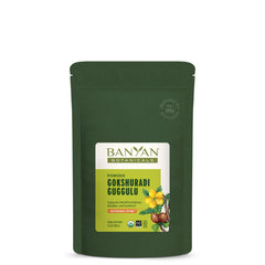 Banyan Botanicals Gokshuradi Guggulu powder bottle close-up for urinary tract support