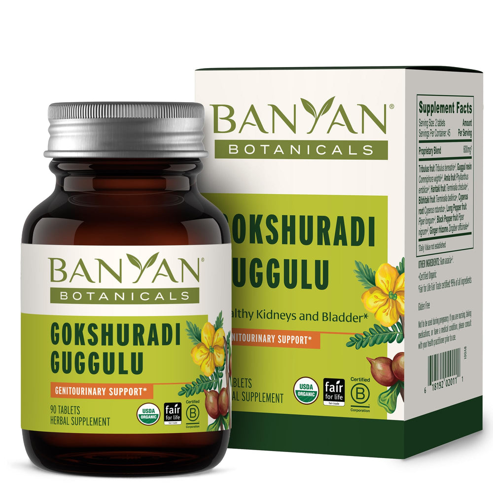 Banyan Botanicals Gokshuradi Guggulu bottle on table for urinary health support.