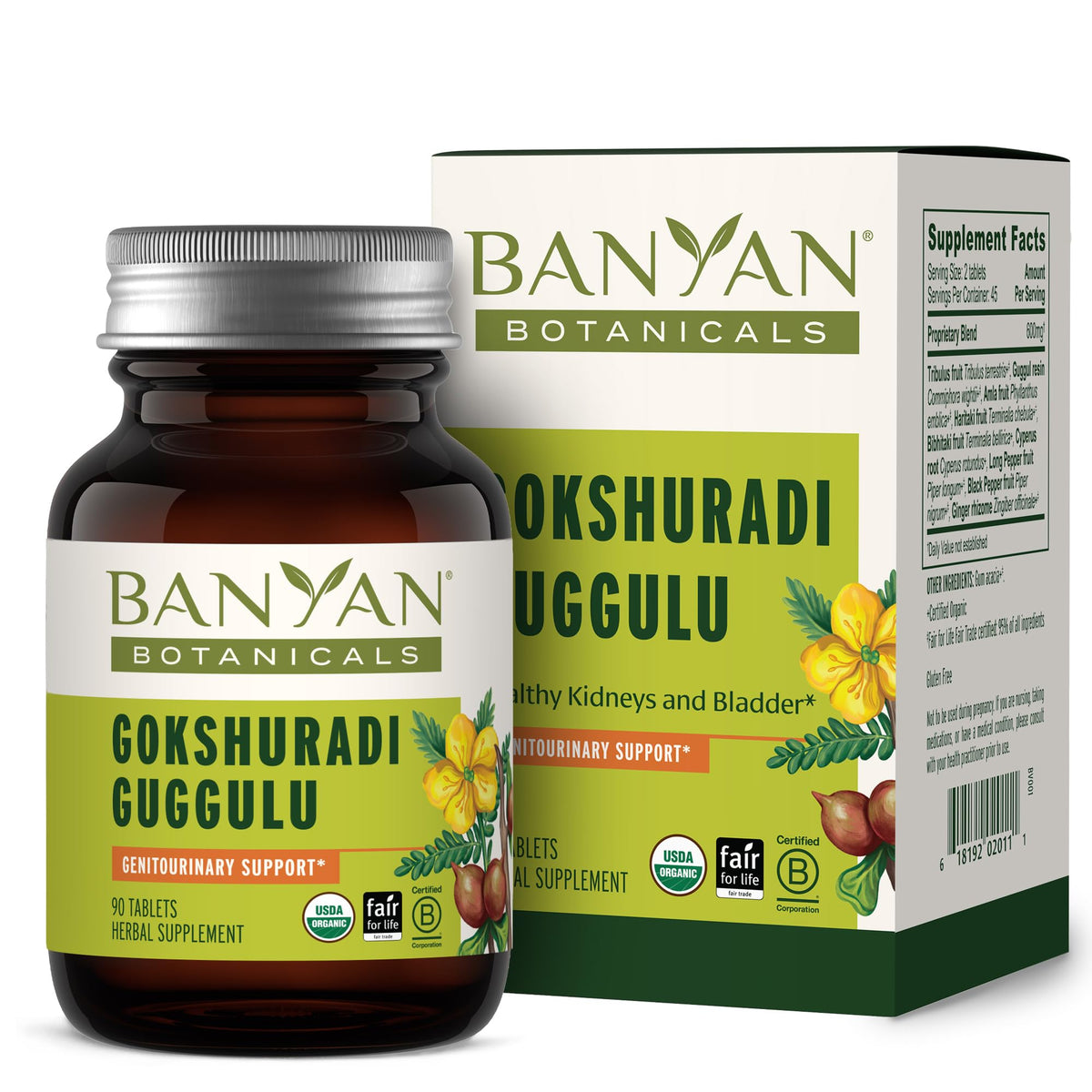 Banyan Botanicals Gokshuradi Guggulu bottle on table for urinary health support.