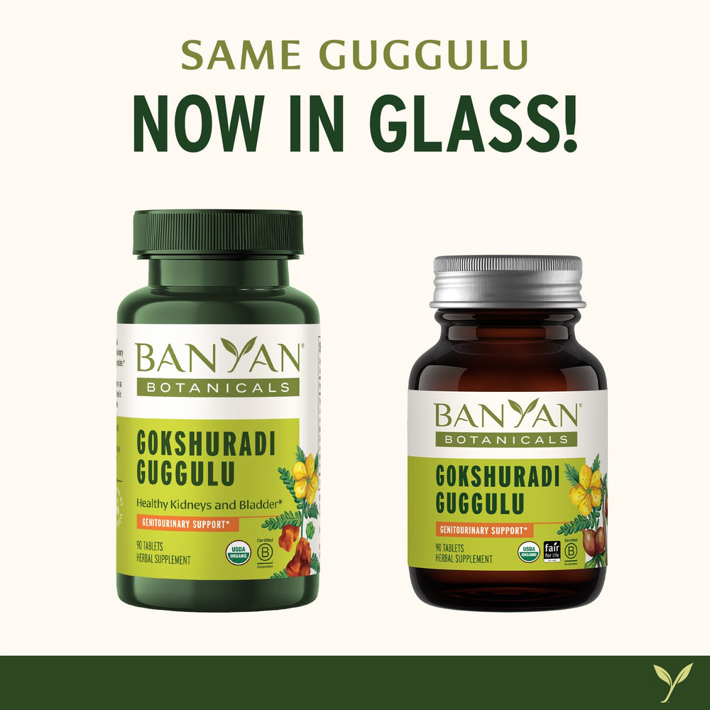 Banyan Botanicals Gokshuradi Guggulu tablets bottle with herb blend label.