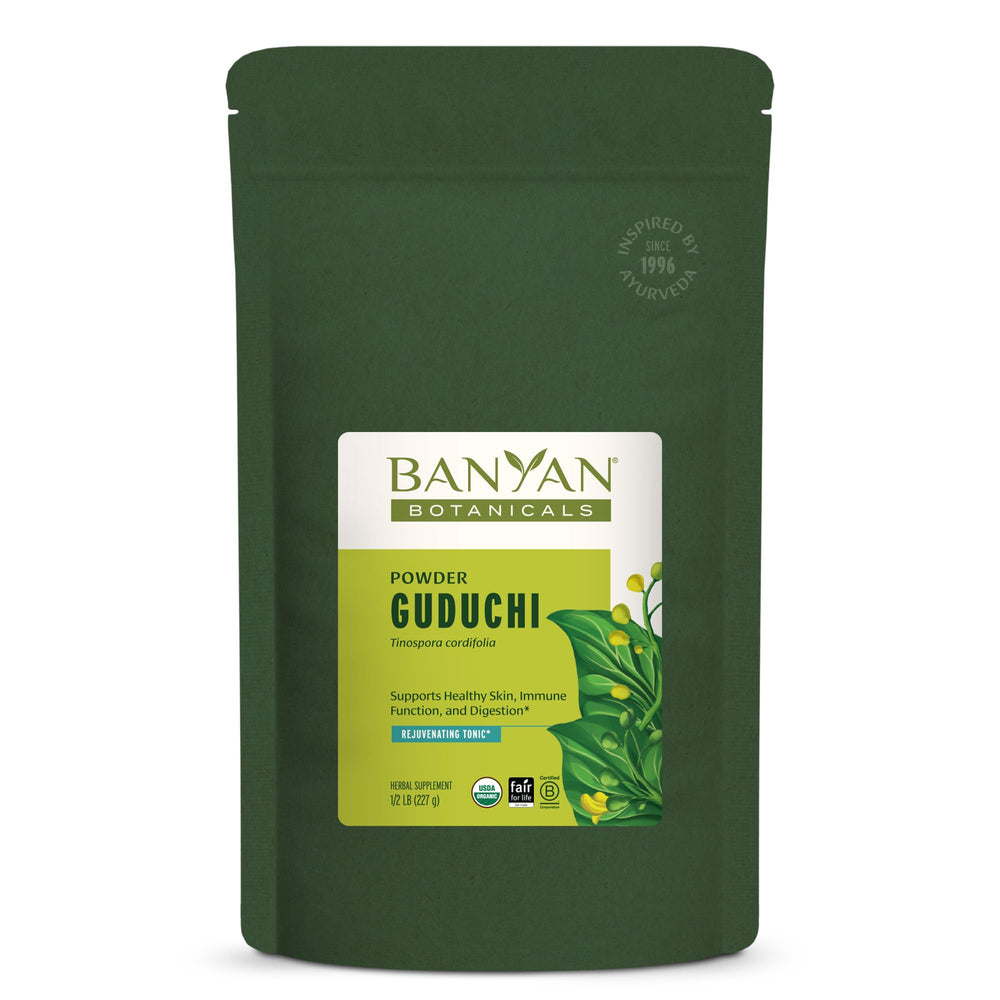 Banyan Botanicals Guduchi powder packaging shows organic quality and sustainable sourcing.