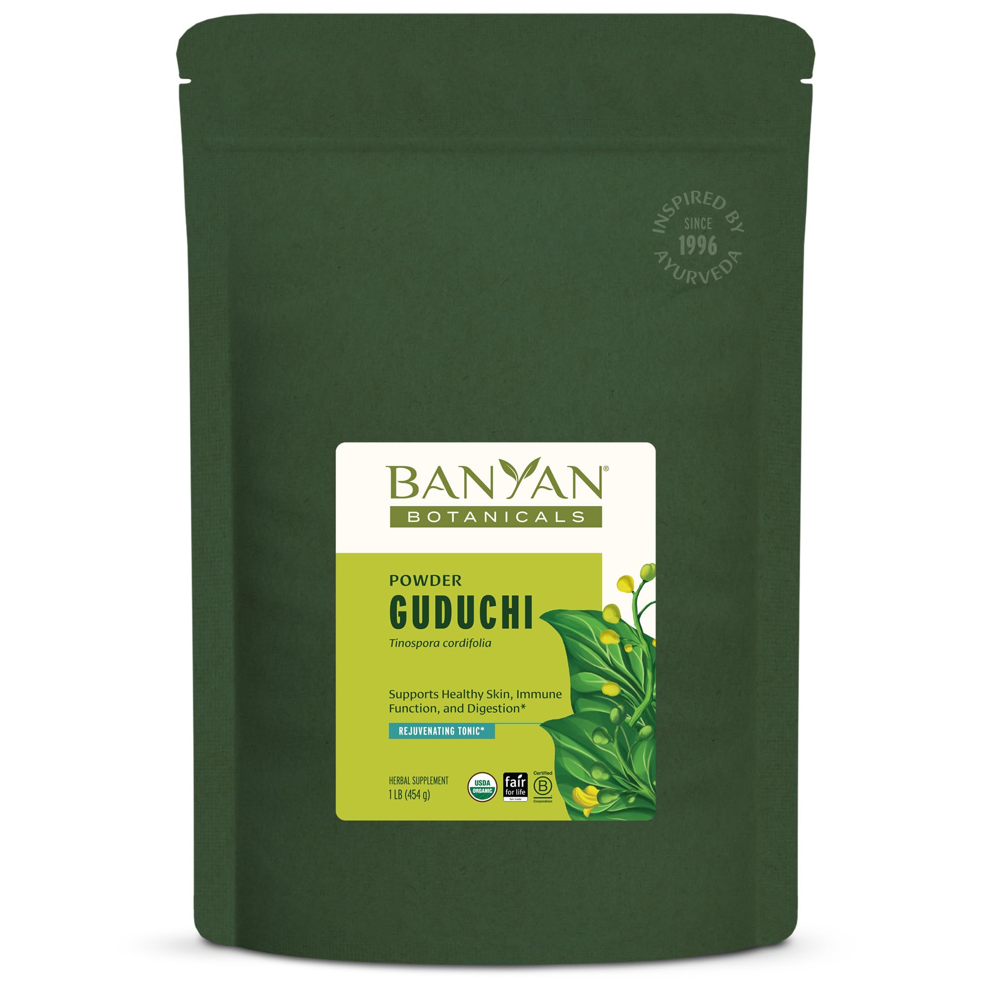 Banyan Botanicals Guduchi powder tub ready for immune-support tea.