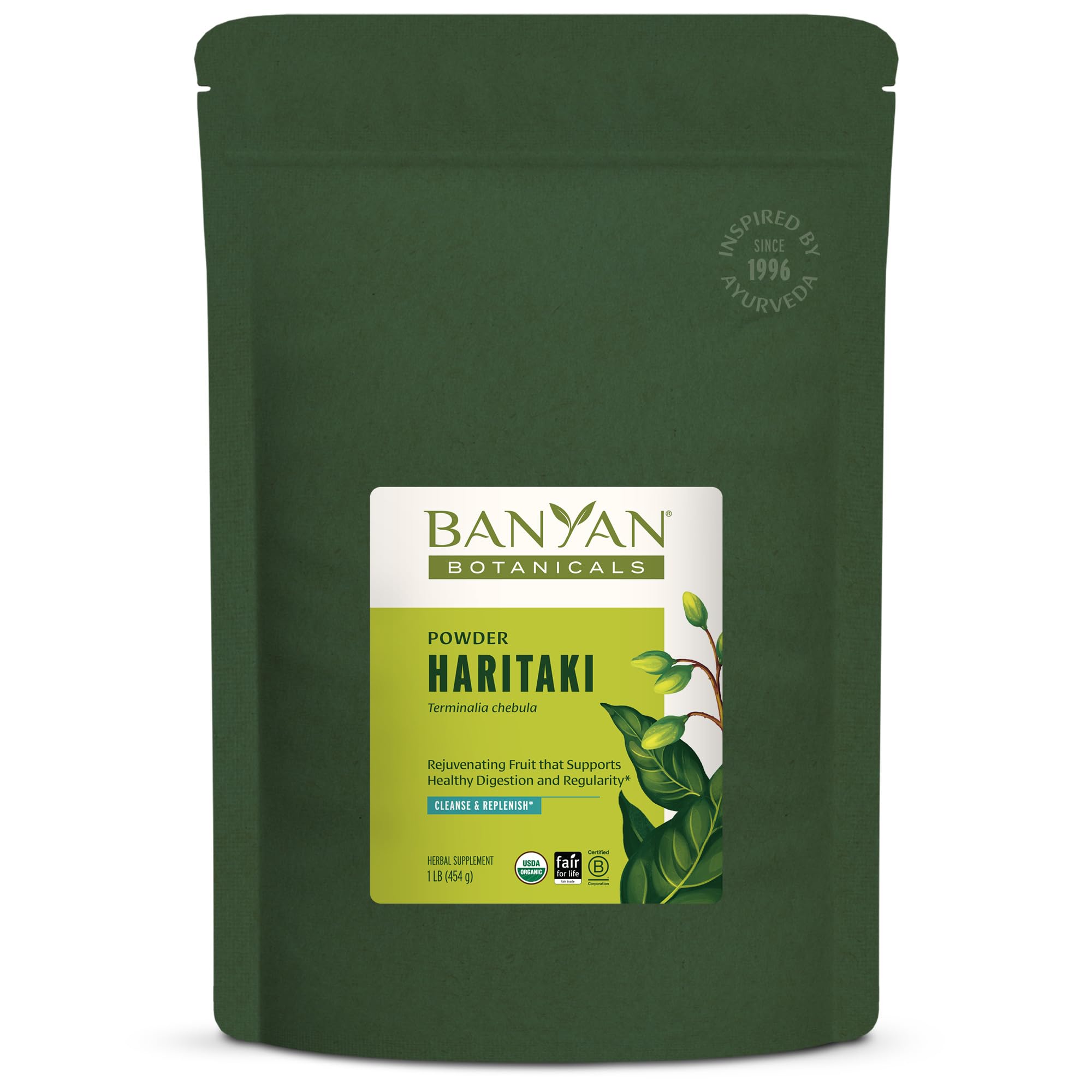 Banyan Botanicals Haritaki powder bulk packaging for convenient storage.