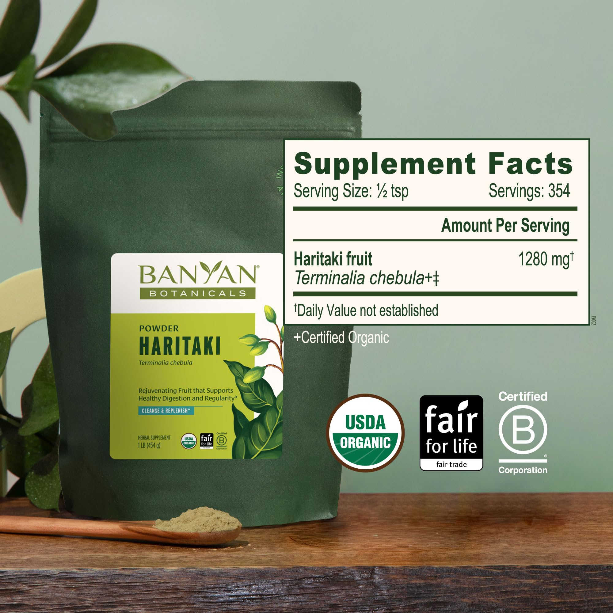 Banyan Botanicals Haritaki powder texture closeup shows fine, pure powder.