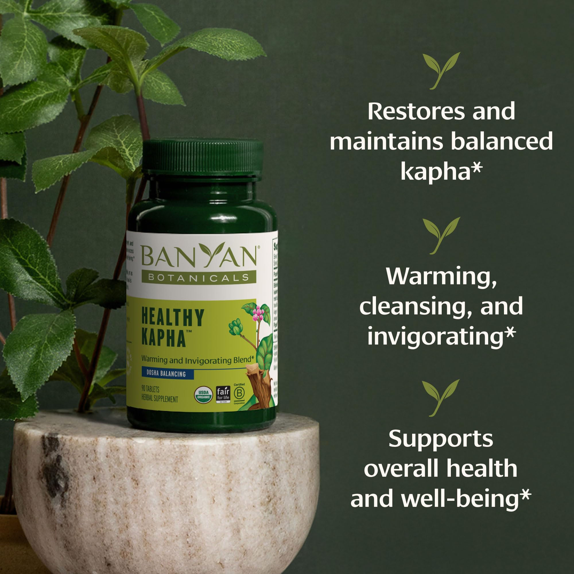 Banyan Botanicals Healthy Kapha capsules closeup highlights a digestive-support herbal blend.