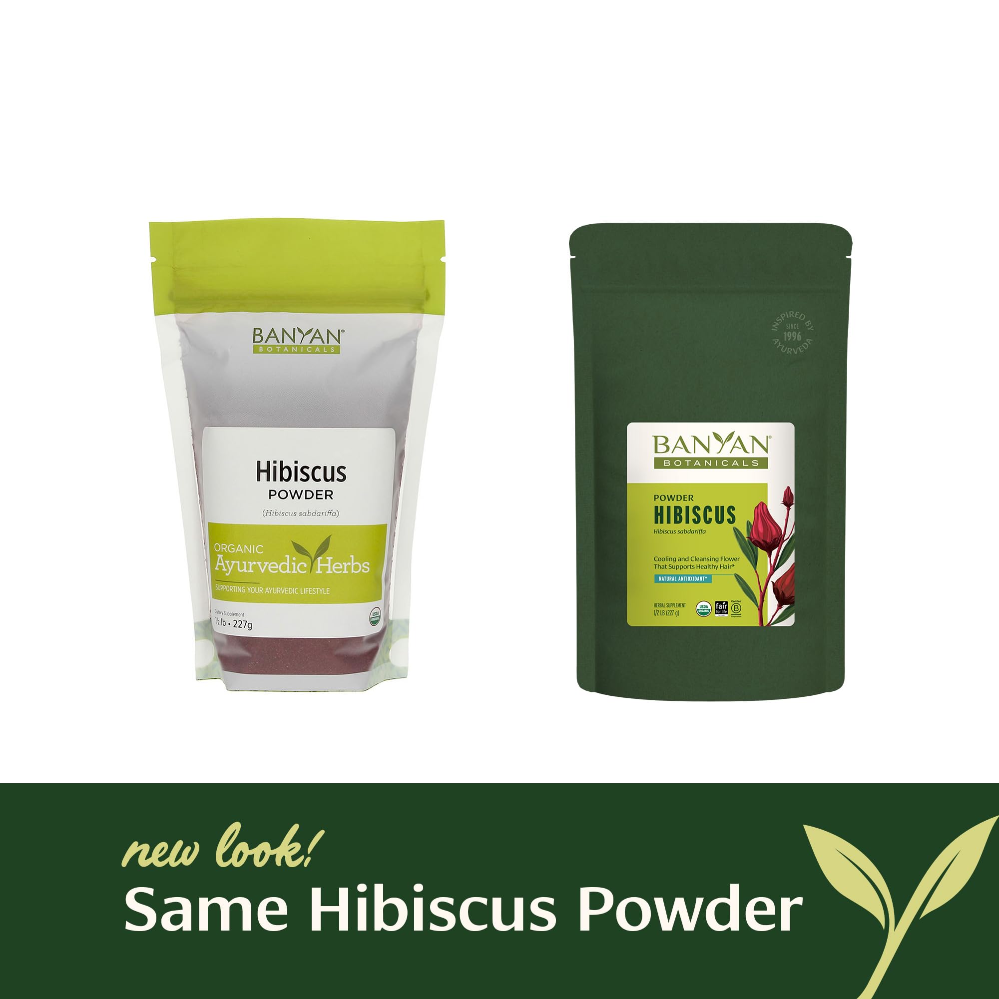 Banyan Botanicals Hibiscus Powder used in hair care routines for shine.