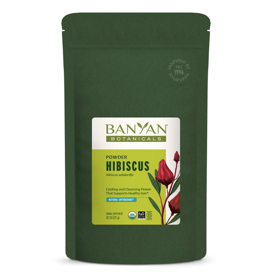 Banyan Botanicals Hibiscus Powder packaging highlighting sustainability and quality.