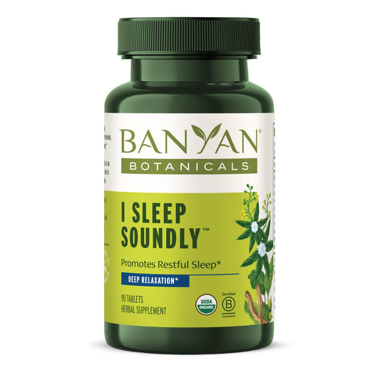 Banyan Botanicals I Sleep Soundly bottle close-up promoting nighttime relaxation.