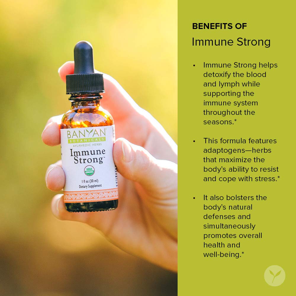 Label close-up of Banyan Botanicals Immune Strong highlighting organic origin